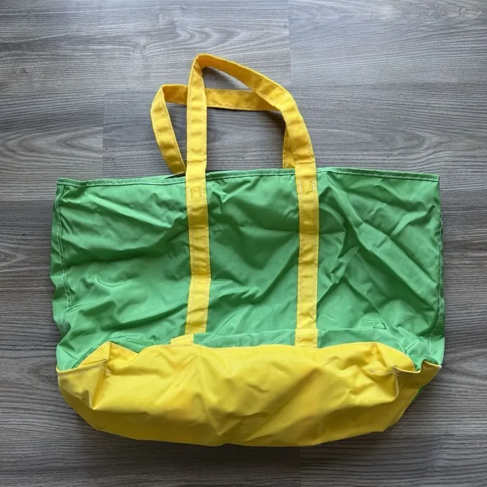 Vintage LL Bean Boat And Tote Bag Large Green Yellow Nylon 80s 90s Oregon Rare